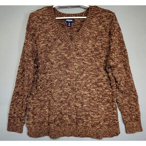 Lands' End Cable Knit Sweater Womens XL 18 Brown Marled Drifter V Neck Pullover